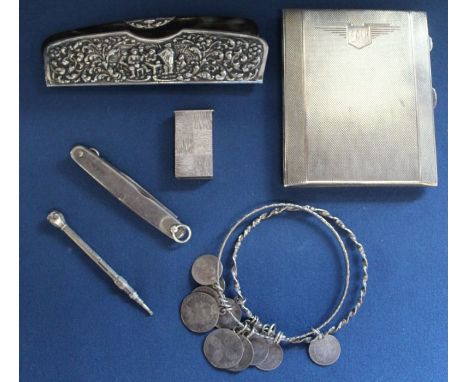 Silver cigarette case, pencil, pen knife &amp; vesta case 6.45ozt, Continental white metal comb in case &amp; 2 bangles with 