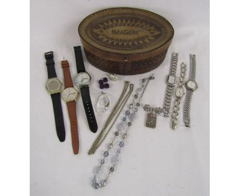 Leather box containing watches includes Swatch, Rotary, Limit and a silver Le monde also some marcasite earrings and pendant 