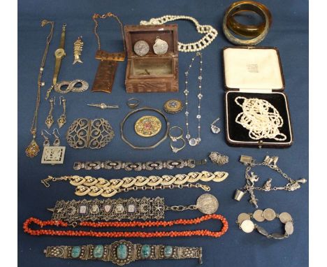 Selection of costume jewellery including silver nurses buckle, silver &amp; marcasite jewellery, vintage charm bracelet, fili