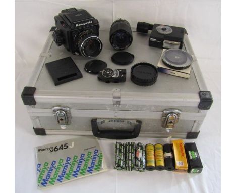 Mamiya M645J camera with Mamiya - Sekor 143512 lens, Jessops carry case, film, Leica light meter MR, Nikon speedlight SB-17 f