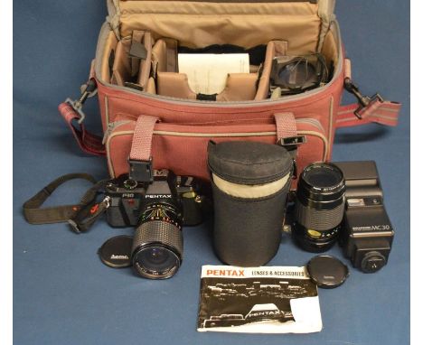 Pentax P30 SLR camera with Sirus &amp; Sigma zoom lenses, flashes &amp; carry case