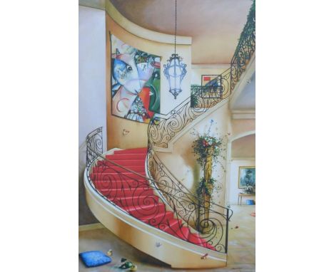 ##AMENDED DESCRIPTION Large framed giclee print on canvas by Orlando Quevedo (Cuba 1970) 'Sweet Dreams' of a grand interior. 