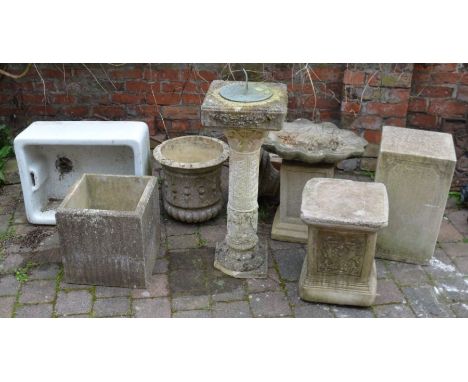 Concrete sundial, garden plinths, planters &amp; a Belfast sink&nbsp;