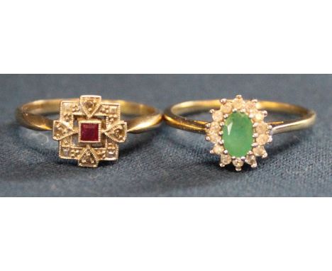 9ct gold, platinum &amp; diamond chip ruby ring (inscribed "Percy") - (size R) 2.6g &amp; 9ct gold diamond &amp; emerald dres