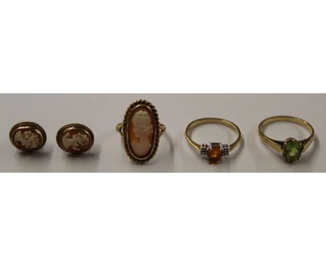 9ct gold cameo ring and earrings, 9ct peridot&nbsp;ring and 9ct fire opal and diamond ring, total weight 9.6g