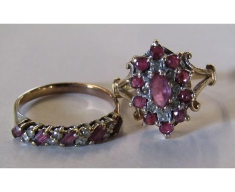 Two 9ct ruby and diamond rings, including one half band, size N&nbsp;and one cluster ring, size L total weight 4.95g