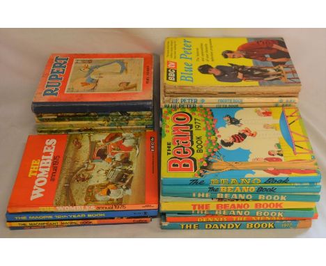 Collection of vintage children's annuals including Blue Peter, Magpie, Beano, Rupert &amp; The Wombles etc