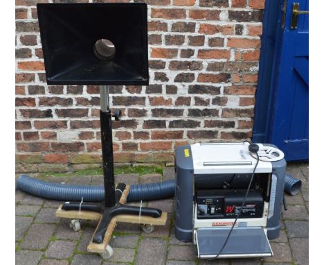 Axminster MB1933 330mm bench top thicknesser/planer with extractor funnel on stand with pipe