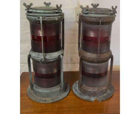 Pair of vintage jetty 'NOT UNDER COMMAND' lamps made by Seahorse&nbsp; - both copper with red coloured glass Ht 51cm