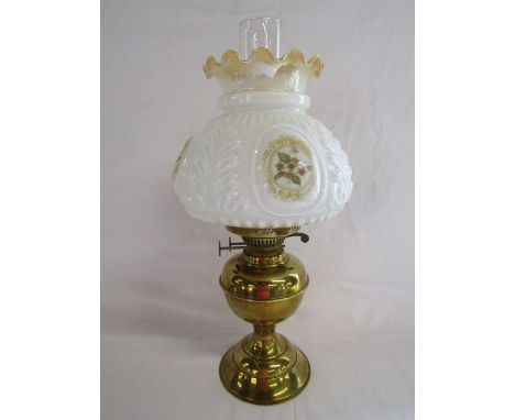 Brass oil lamp with chimney &amp; opaque glass and&nbsp;flower design shade&nbsp;