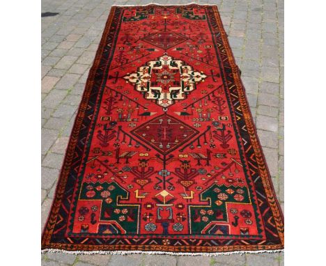 Rich red ground &amp; emerald green full pile Persian lori carpet 310cm by 126cm