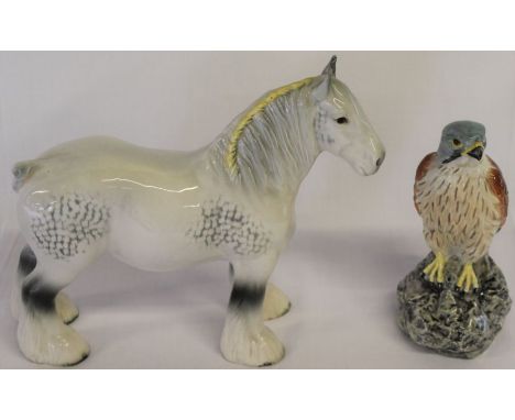 Grey Beswick shire horse with yellow plaited mane and a Beswick Beneagles Scotch Whisky kestrel (empty)