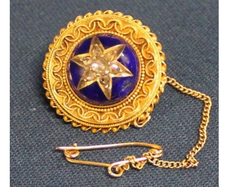 Victorian target brooch with central diamond set star in blue enamel (tested as 15ct gold) 6.8g - small chip to enamel