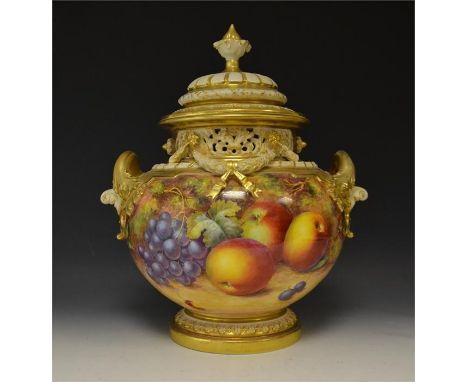 A large Royal Worcester fruit all round decorated potpourri and cover, signed by Freeman. With gilt embellishment and floral 