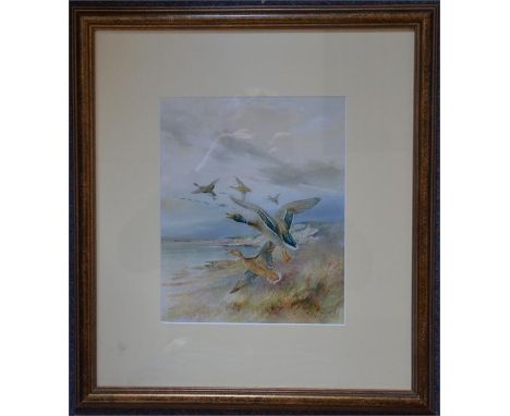 † William E Powell (British, 1878 - 1955). 'Ducks in Flight', watercolour, signed, framed and glazed..A Royal Worcester artis