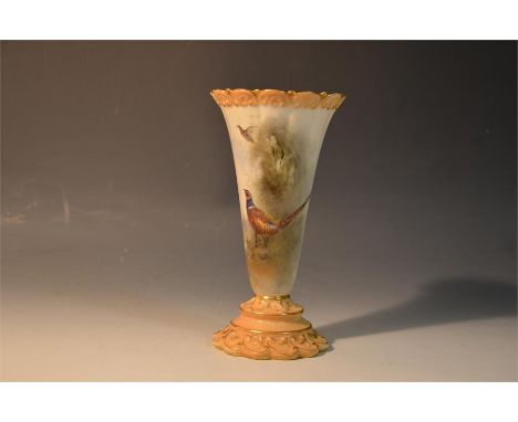 A Royal Worcester fluted vase painted with pheasants, signed by James Stinton, shape number G706. Date code 1903. Height 15.5