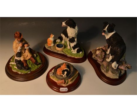 Three Border Fine Arts models, 'Good Samaritan' A6127, 'Tired out', ' Willing to share' and a Country Artists figure. (4)