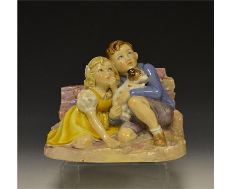 A Royal Worcester figural group from the wartime Series. 'Take Cover', modelled by Eileen A Soper. Printed marks, Dated 1941.