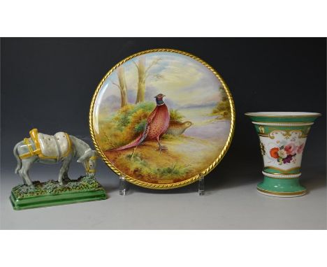 Three pieces of ceramic, a Majolica donkey, an Aynsley plaque depicting pheasants and an early English vase with flowers. Hei