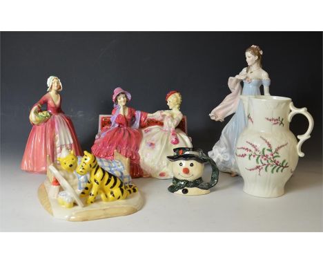 A Royal Doulton 'Gossips' figure, HN 1429, a Royal Doulton 'Janet' figure, HN 1537 and a mini snowman character jug. Also, a 