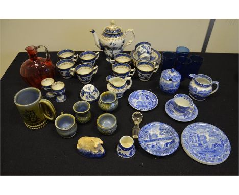 A tray Lot of mixed pottery, various blue and white pieces including Booth's 'Real Old Willow' and Copeland Spode Italian. (3