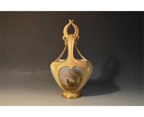 A Royal Worcester hand painted basket by James Stinton, depicting pheasants in flight, shape number 493. Date code 1904. Heig
