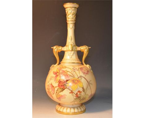 A Royal Worcester blush vase. Height 30cm. Date Code 1891. Chip to handle and crack to back. 