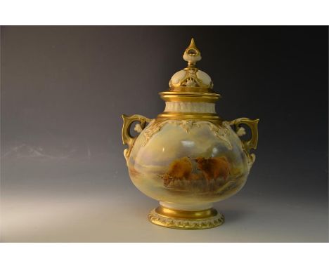 A Royal Worcester twin handled vase and pierced cover, depicting highland cattle, signed by H Stinton,  shape number H218. Da