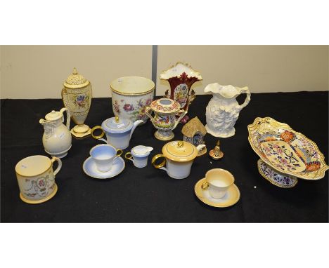 A tray lot of mixed pottery, including Shelley, Worcester, Dresdon, Spode.