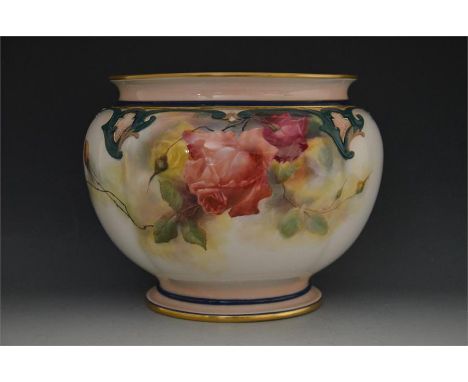 A Royal Worcester Hadley Ware, jardiniere, decorated with roses back and front. Date code 1904. Height 20cm, Diameter 24cm.