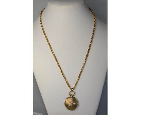 An engine turned disc pendant on fancy belcher style chain in yellow metal, (thought to be 9ct). Total weight: approx. 19.3gr