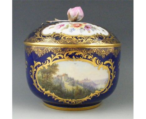 Meissen porcelain sucrier and cover, circa 1870. Painted with a topographical view titled 'Schloss Siebeneichen, Meissen' wit