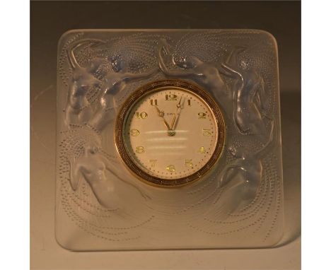 A Rene Lalique opalescent glass 'Naiades' 8 day clock, circa 1932. Signed to edge R Lalique France. Height 11cm
