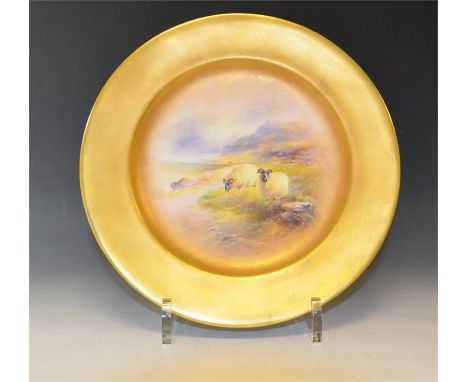 A Royal Worcester plate, signed Harry Davis, depicting sheep scene. diameter 23cm. Date Code 1916.