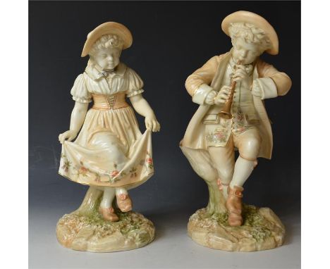 A pair of Royal Worcester Kate Greenaway style fIgures, modelled by Hadley. Height 25.5cm. Date code 1886, shape number 1070.