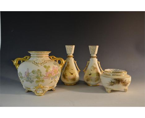 A Royal Worcester vase and  three Granger Worcester vases. Circa1890. Tallest 19cm. Some with restoration. (4)