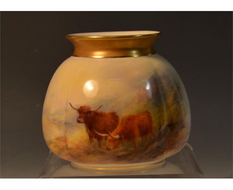 A Royal Worcester small vase, decorated with cattle, signed by H. Stinton. Height 8cm. Date code 1914.