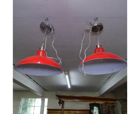 A pair of industrial style red painted metal light fittings, W41cm 