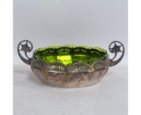 A WMF electroplate green glass 2-handled fruit bowl, pierced floral swag decoration, diameter excluding handles 23cm 