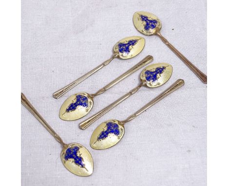 A set of 6 Art Nouveau silver-gilt enamel coffee spoons, with scrolled foliate decoration, by Turner &amp; Simpson Ltd, Birmi