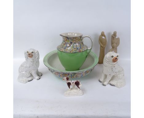 A pair of Victorian Staffordshire mantel Spaniels and another, 3 reconstituted stone figures, and an Edwardian wash jug and b