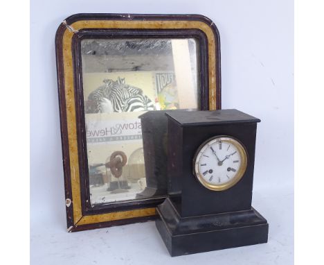 A 19th century slate-cased mantel clock, and a plaster-framed wall mirror, clock height 26cm (2) 