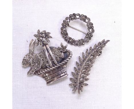 3 silver marcasite brooches, including rabbit in a basket, fern, and a Swedish floral roundel, 20.4g total (3) 