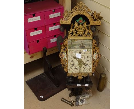 An Antique Dutch brass Friesland Stoelklok 8-day Wuba Warmink wall clock, painted and gilded dial and surround with bracket a