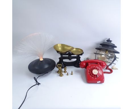Vintage red dial telephone, set of cast iron scales, industrial style wrought-metal hanging light fitting etc 