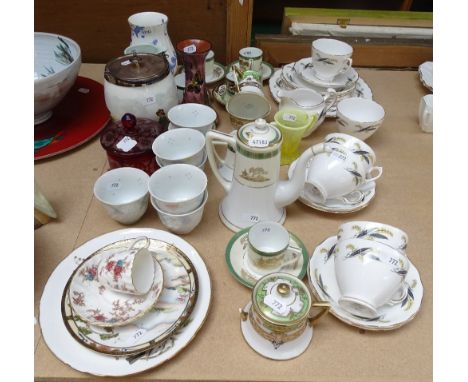 A Royal Vale tea set, vaseline glass vase, Noritake coffeeware, a painted glass biscuit barrel with plated mount, a Royal Wor