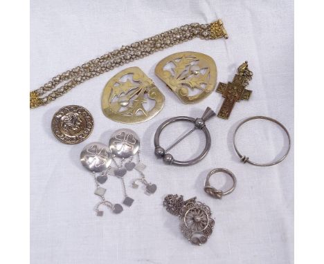 A group of Norwegian and Swedish metal and gilt-metal jewellery, to include a cloak pin, pearl set brooch cross etc 