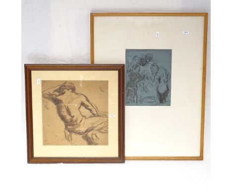 Sanguine and pencil drawing, nude studies, 37cm x 54cm, framed, and 2 other framed figure studies 