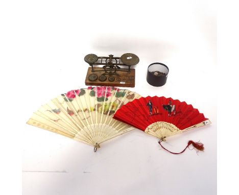 A set of Sampson Mordan postal scales, 2 bone-handled fans, and a collection of various British coins 