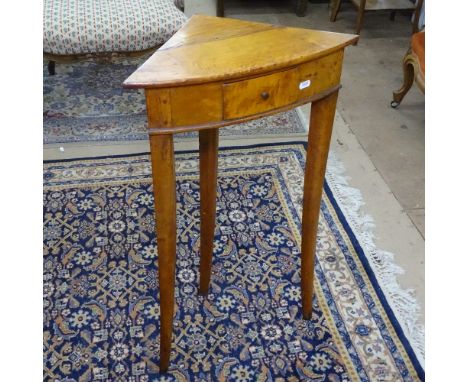 A 19th century walnut corner console table, with single drawer and triangular tapered legs, W47cm, D28cm, H78cm 